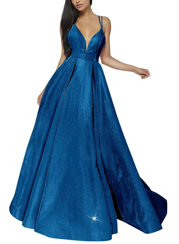 Women's Glittery Spaghetti V-Neck Prom Dresses Long Side Split Formal Evening Gowns