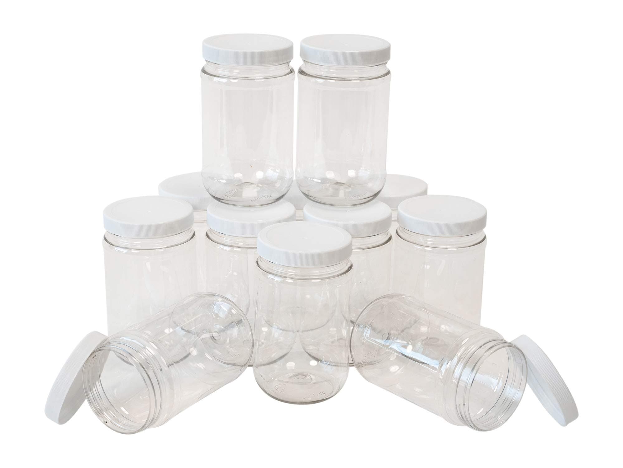 CSBD 16 Oz Clear Plastic Mason Jars With Ribbed Liner Screw On Lids, Wide Mouth, ECO, BPA Free, PET Plastic, Made In USA, Bulk Storage Containers, 12 Pack (16 Ounces)