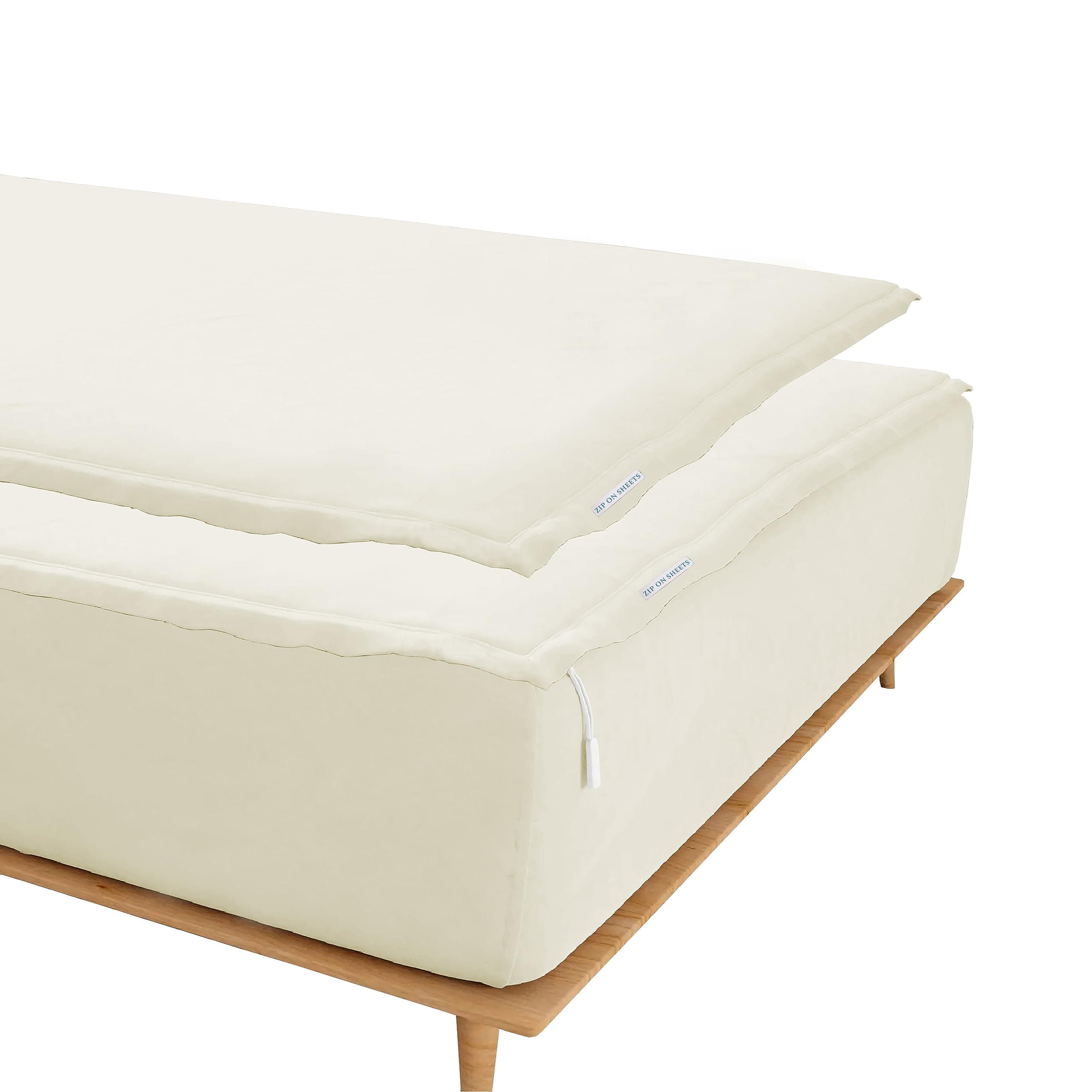 Zip On Sheets™ Zipper Fitted Sheet King Size - Upto 16” Inch Deep Pockets - Includes 1 Fitted Sheet Base & 2 Zip-On Sheets - Easy to Use, Sateen Cotton 500 TC Fitted Sheet - Ivory
