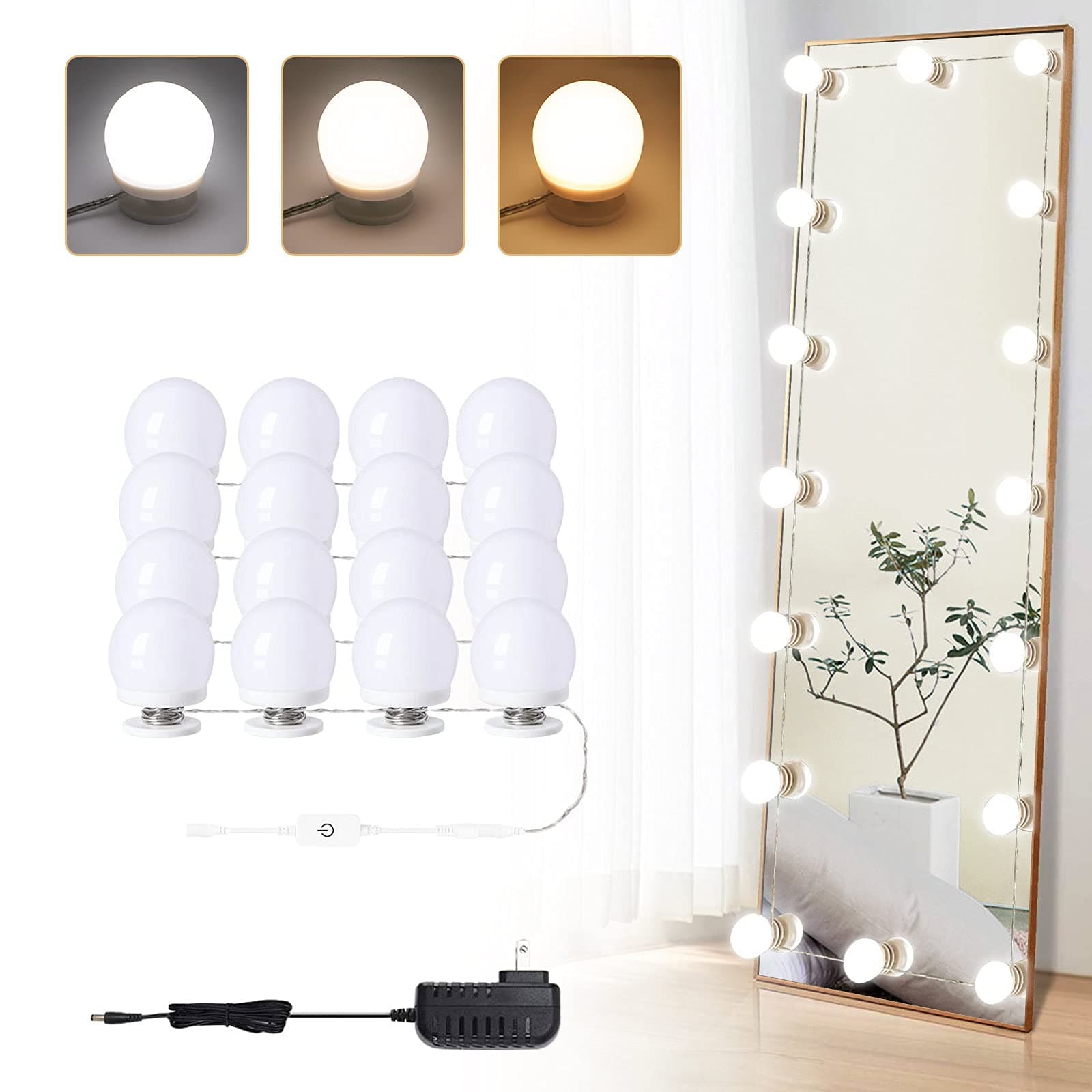 LED Vanity Mirror Lights Plug in Dimmable 3 Color Modes, Hollywood Style Makeup Lighting kit，Stick on LED Mirror Light for Dressing Room, Cosmetic Mirror, Tabletop 16BULBS