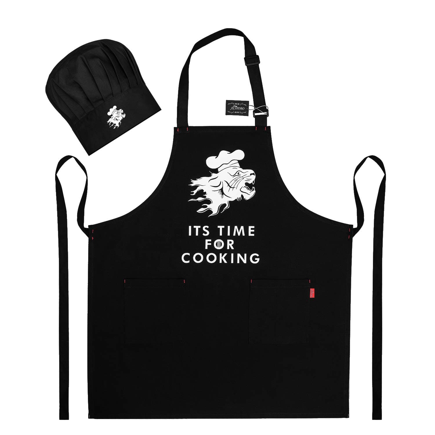 BBQ Grill Apron Set, Chef Hat and Kitchen Apron for Men Dad, Adjustable Bib Apron for Cooking with 2 Pockets and 40" Long Ties - 32" x 28" - Black