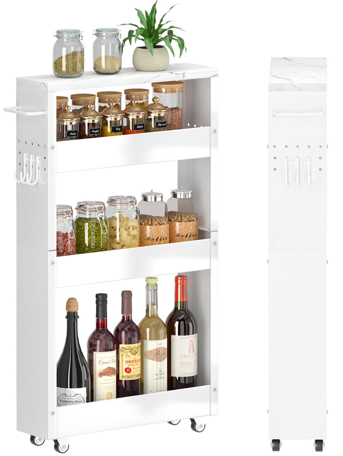 XYZLVSI Slim Storage Cart, 5 in Width, 4-Tier White Rolling Cart with Handle & Wooden Top for Kitchen Bathroom Laundry Narrow Places