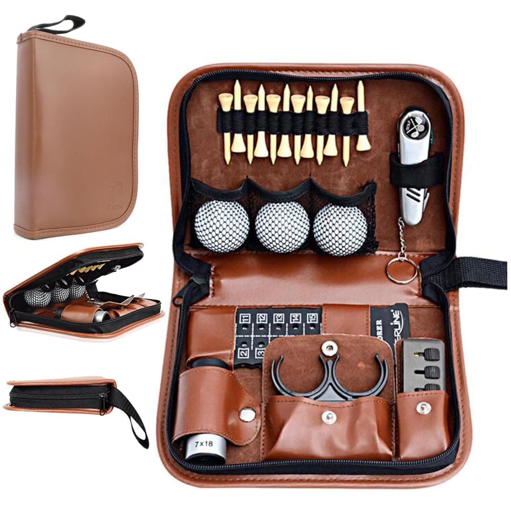YARDHOBI Golf Bag Accessories Set - Includes Hi-End Leather Case, Golf Balls, Rangefinder, Tees, Brush, Divot Knife, Scorer, and Ball Clamp,Golf Gifts for Men and Women