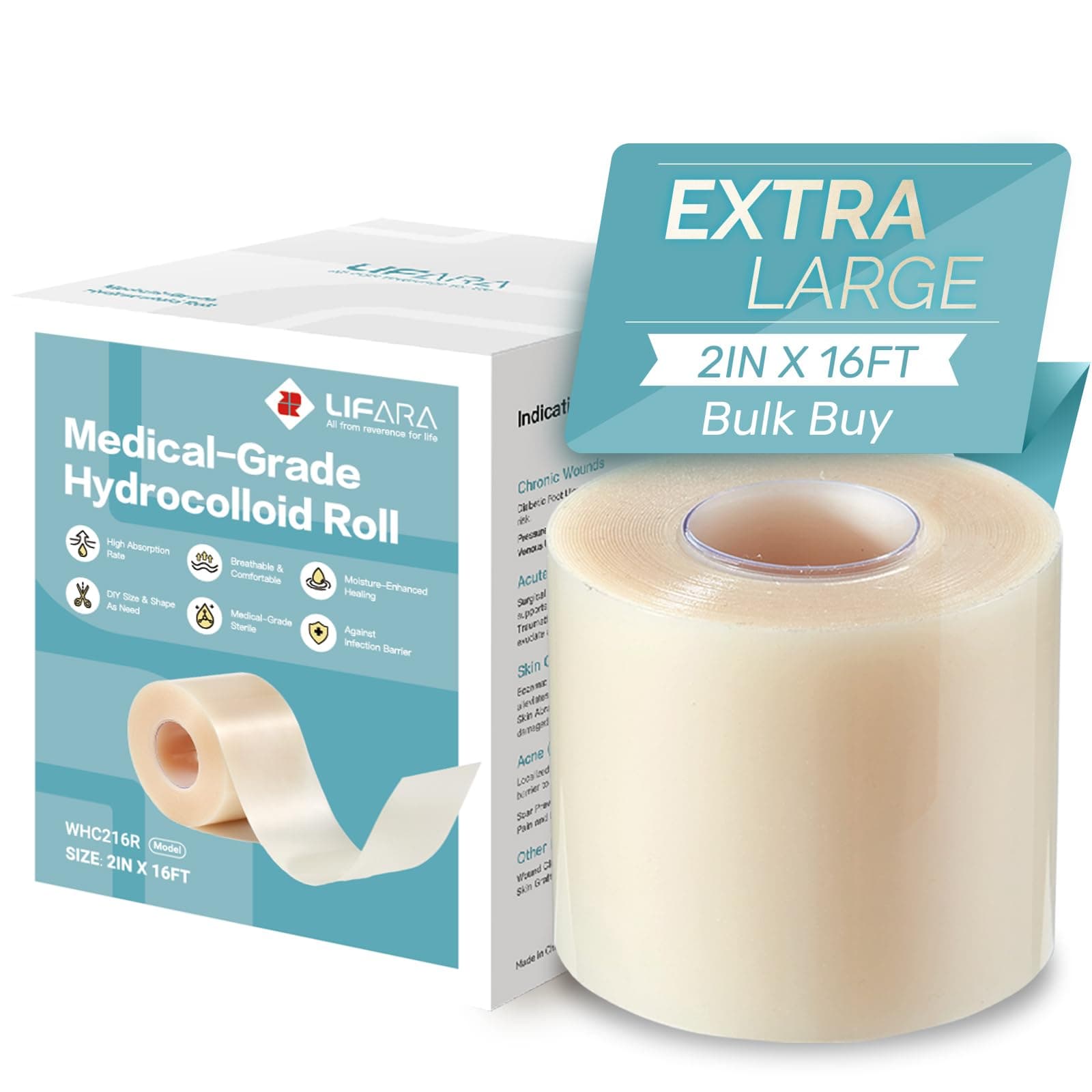 Hydrocolloid Roll for Wound Care - Cut-to-Size, Extra Large Hydrocolloid Patch Bandages with Self-Adhesive, Ultra Absorbent, Flexible & Waterproof, First Aid Kit Essential (2in*16ft)