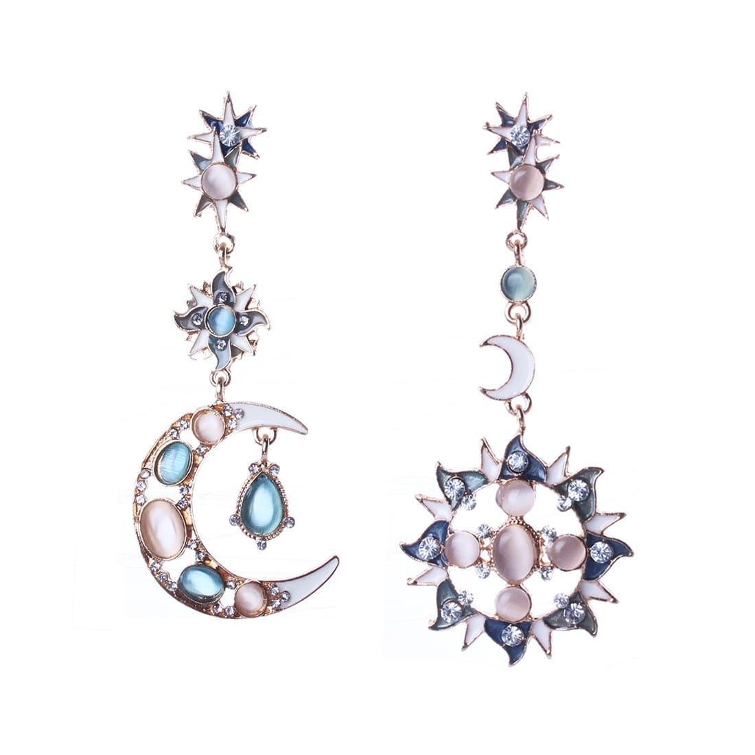 Women's Moon Sun Shining Forever Design Opal Stone Long Dangle Pierced Earrings