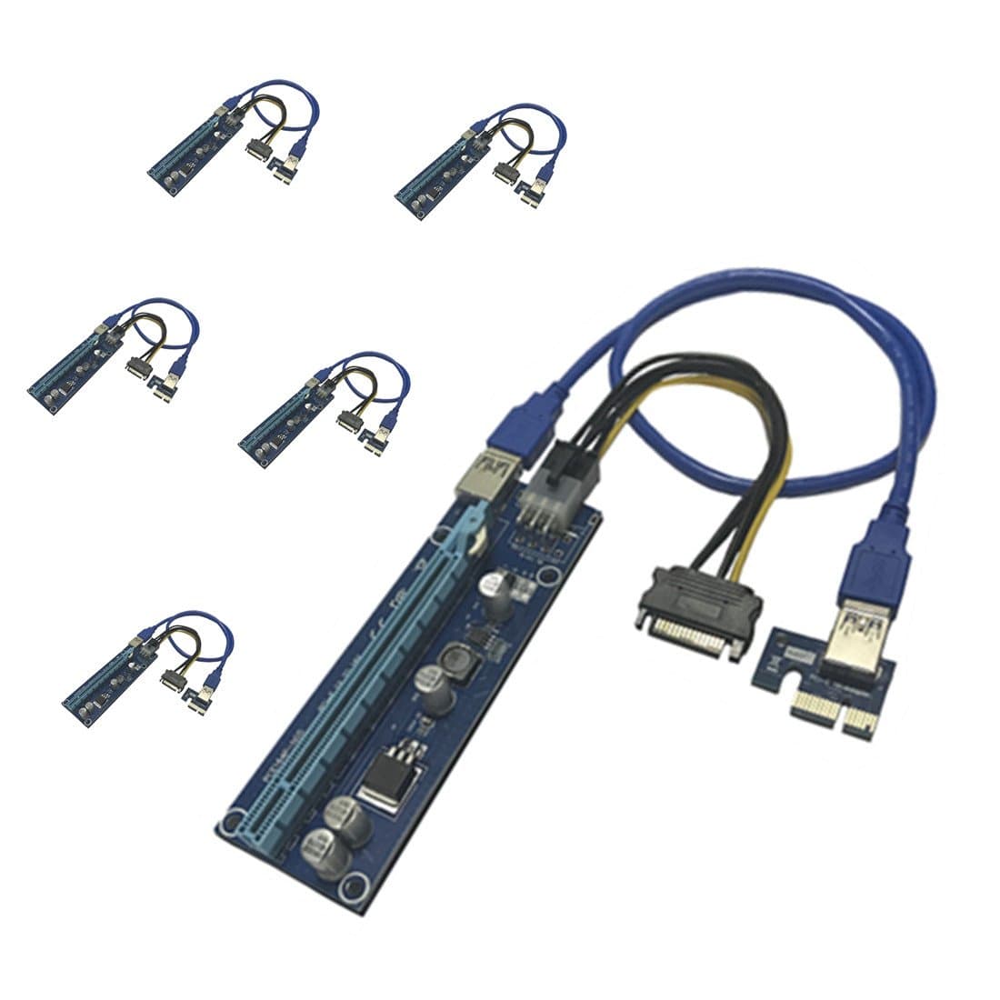 KECAG PCI-E Riser Adapter Card Powered PCIe 006C 007 16x to 1x w/60cm USB 3.0 Extension Cable & 6-Pin PCI-E to SATA (6 Packs)