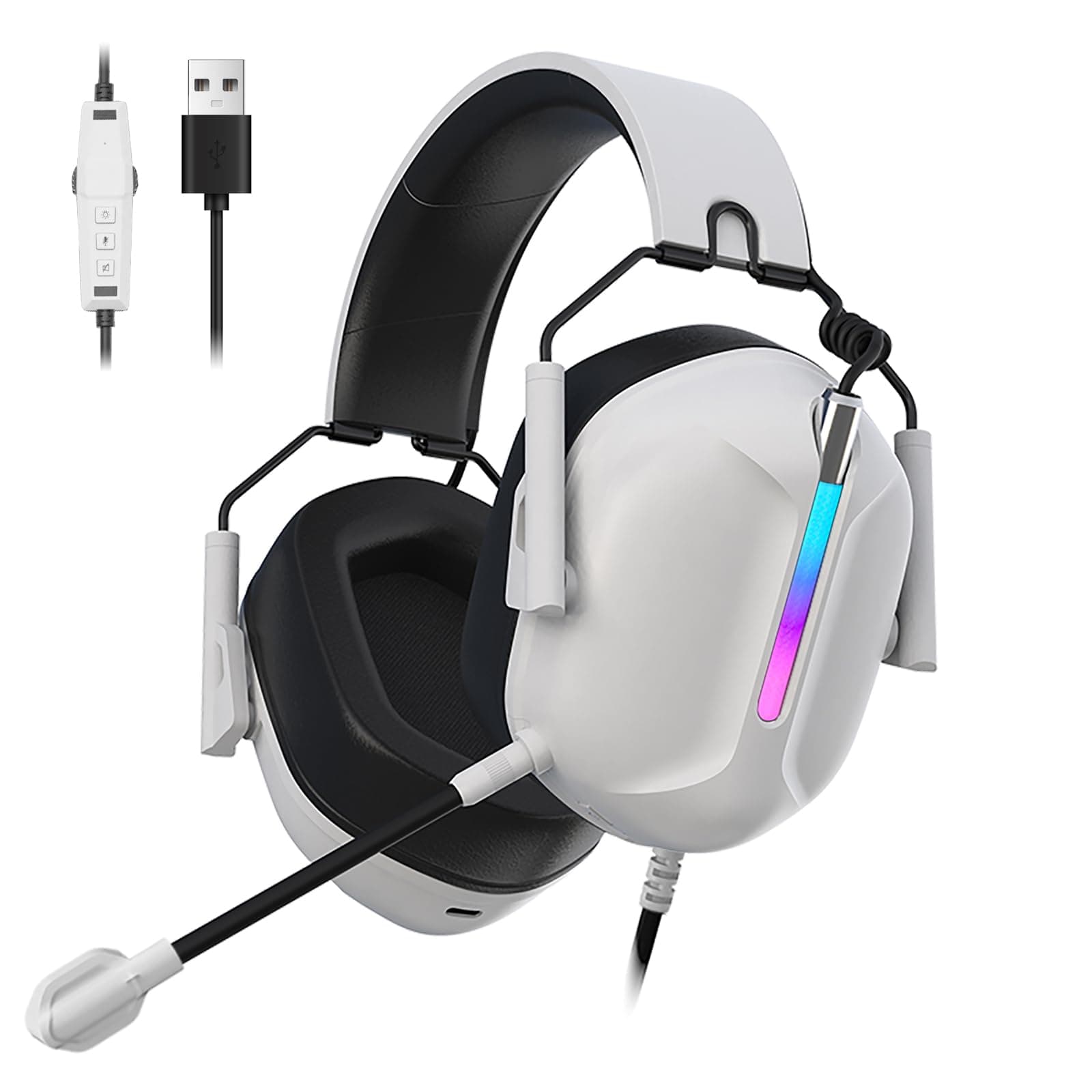 RB-C7 Gaming Headset for PS5, PS4, PC, Mac, Switch, Xbox Series, 7.1 Surround Sound RGB Gaming Headphones with Noise Canceling Microphone, 50MM Dynamic Drivers, USB Audio Jack (WHITE)