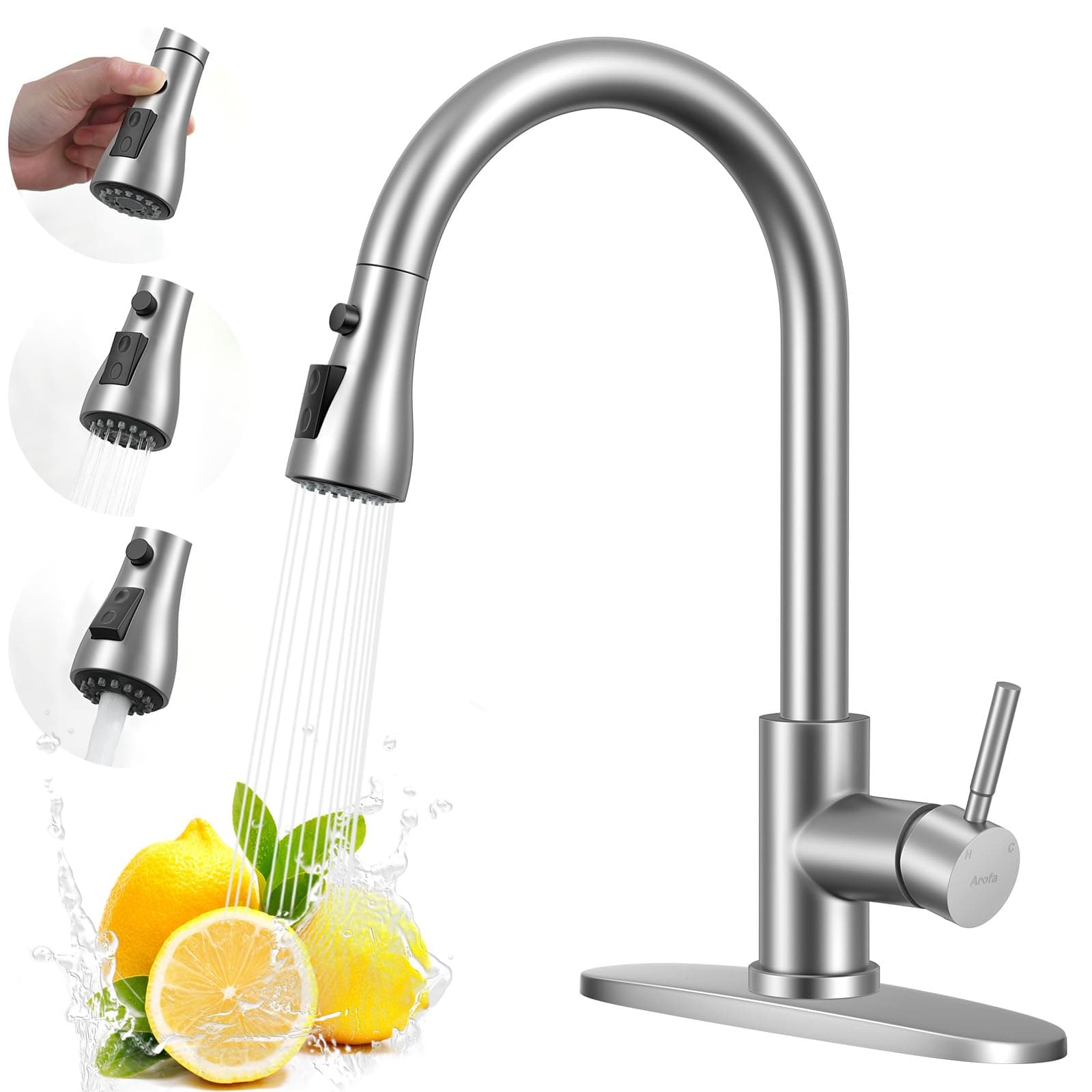 Kitchen Tap Faucet with Pull Down Sprayer, Brushed Nickel Kitchen Sink Faucet Single Handle Stainless Steel for 1 or 3 Hole Farmhouse Laundry Utility Rv Bar Sinks