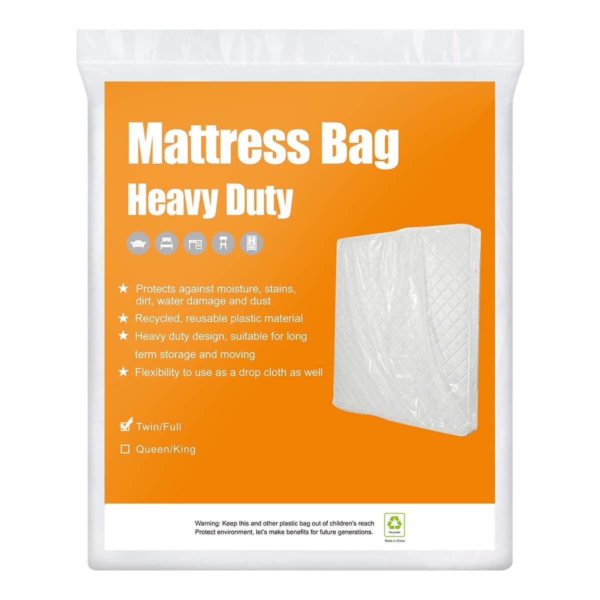 BYSURE 2-Pack 5 Mil Mattress Bag for Moving and Storage - Transparent Mattress Disposal Bag - Fits Twin/Full Size