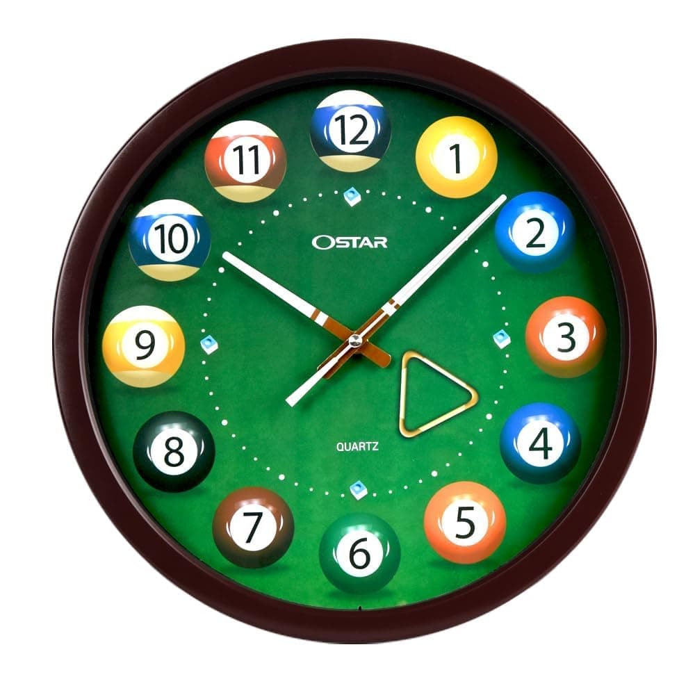 Big Large Billiard Pool Ball Wall Clock, Battery Operated, Cue Hand, Non Ticking Quality Quartz, 14" Snooker Game