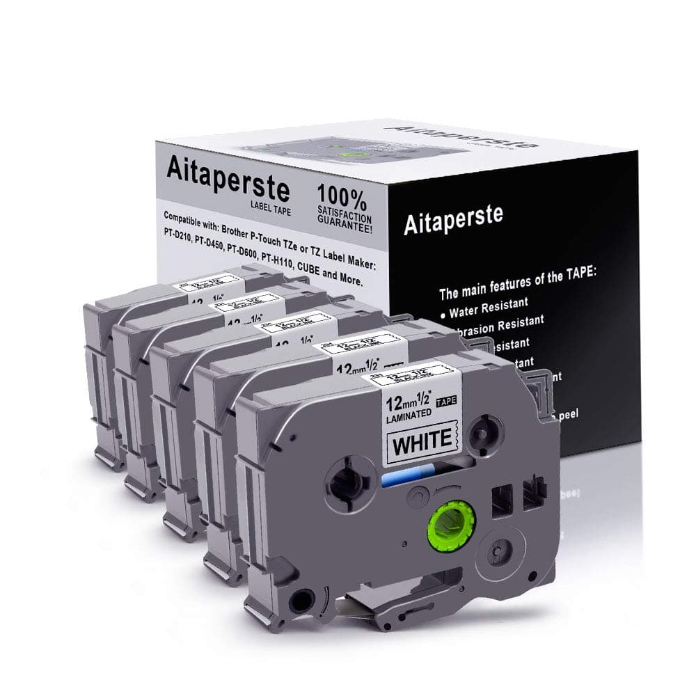 Aitaperste Compatible Label Tape Replacement for P Touch Tapes TZ TZe-231, Laminated 12mm 0.47 Black on White Compatible with Brother Label Maker PT-D210 D450 D400 1280 H110, 5 Pack, 131 Feet