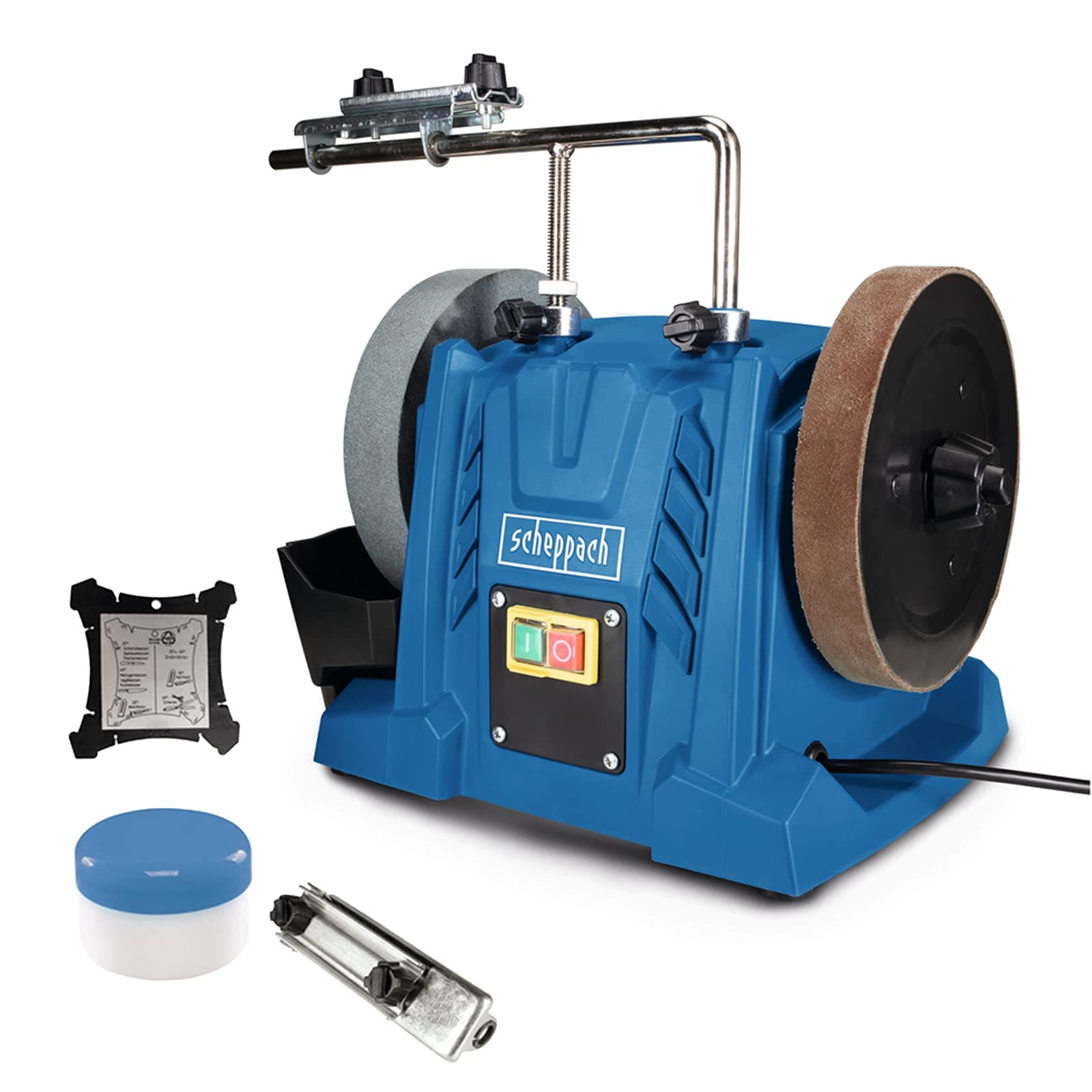 ScheppachTIGER5000S Wet Sanding System, Induction Motor 150 W, Sharpening Stone Made of Precious Corundum 200 mm Diameter, with Universal Device, Sharpening Paste, Disc