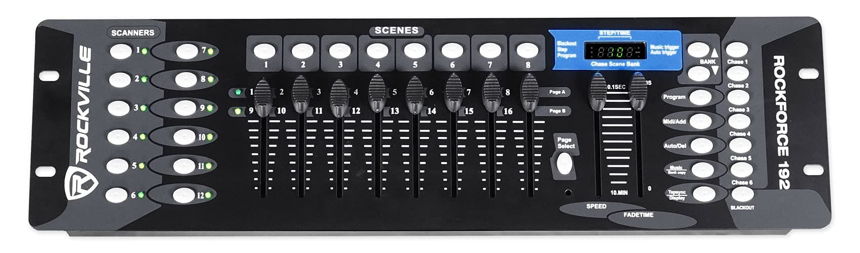 Rockville ROCKFORCE 192-Channel DMX Lighting Controller, Sound-Activated, Programmable Scenes, LED Display, for DJs and Live Events
