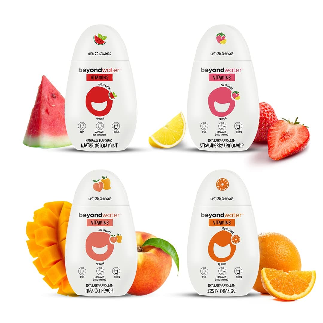 Water Enhancer Flavors for Infusing Drinks | 4 Bottles, Makes 20 Servings each (Strawberry Lemonade, Watermelon Mint, Mango Peach, Zesty Orange) | Zero calorie Sugar-free Dinks Mix Water Drops