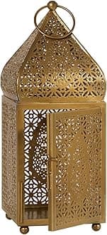 Serene Spaces Living Large Moroccan Gold Ornate Candle Lantern, Antique Gold Lantern, Decorative Candle Lantern Holders for Indian-Inspired Wedding, Eid, Ramadan, Events, 4.5" Dia & 12" Tall