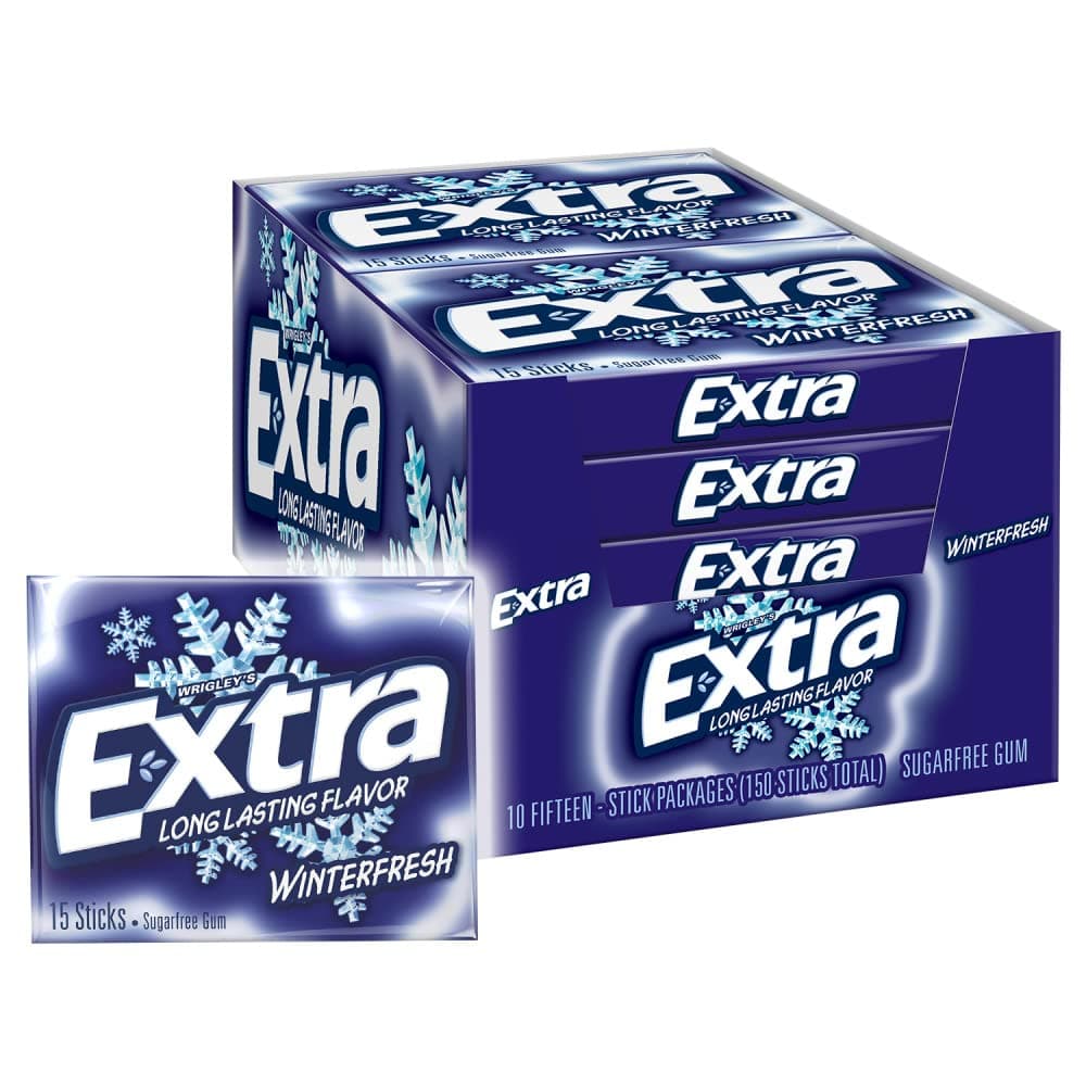 EXTRA Winterfresh Sugar Free Chewing Gum Bulk Pack, Individually Wrapped Mint Gum for Fresh Breath, 15-Stick Packs, Pack of 10, Cool Mint Flavor for School, Work & Travel