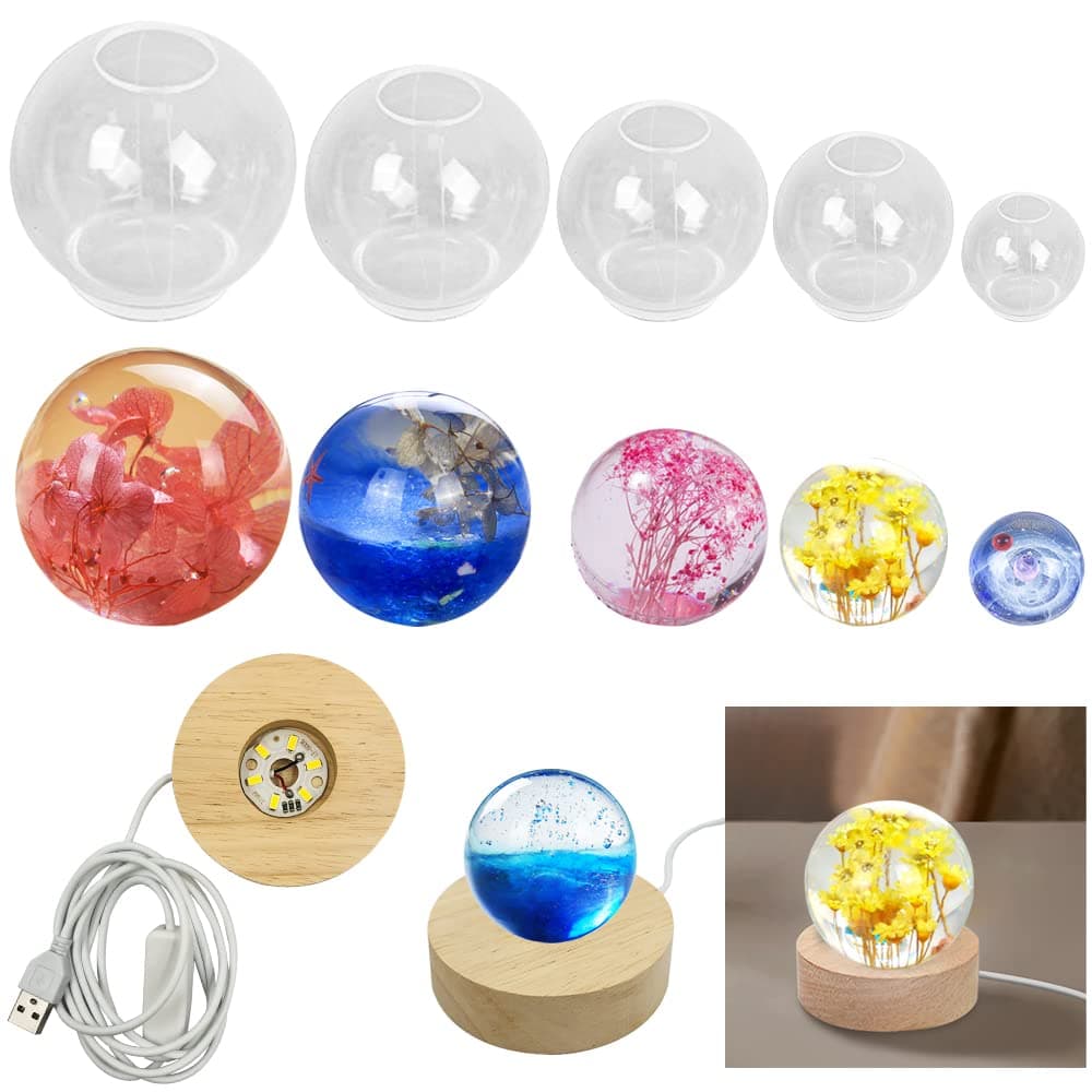AFUNTA 5 PCS Clear Silicone Ball Molds, 3D Sphere Silicone Resin Mold Round Ball Epoxy Resin Mold with USB Powered Lighted Base Stand, for Jewelry Making, Home Decoration