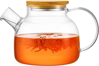 Paracity Glass Teapot Stovetop 34Oz/1000Ml, Borosilicate Clear Tea Kettle With Removable 18/8 Stainless Steel Infuser,Glass Wooden Lid, For Loose Leaf Fruit Fragrant