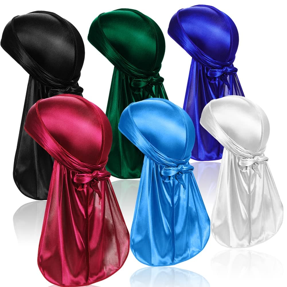 6 Pcs Silky Men Durag, Pack Durags Do Rags with Long Tail and Wide Straps for Men Women, 6 Colors