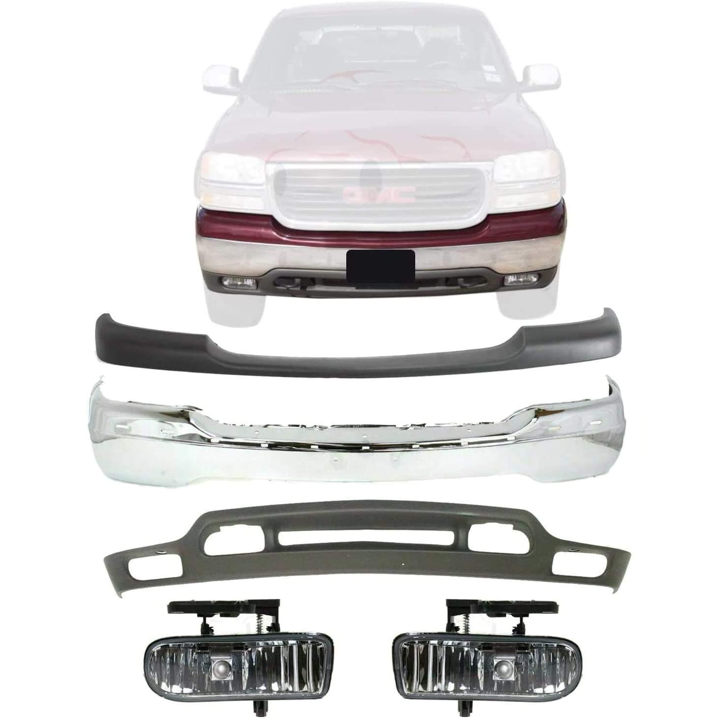 New Front Bumper Chrome + Lower Valance Textured + Upper Cover Primed + Fog Lights Left & Right Side For 1999-2002 Sierra 1500 / GMC Yukon 2000-2006 Direct Replacement 15758072 88980801