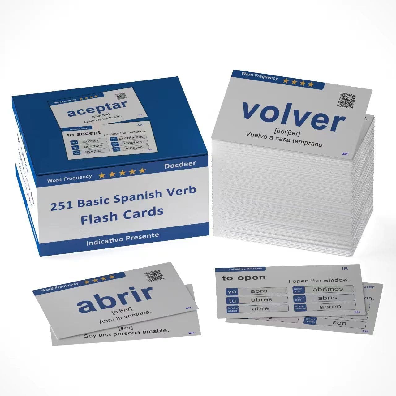 Docdeer 251 Spanish Verbs Learning Flash Cards for Beginners, Adults & Children - Spanish to English Flashcards, Medium, White