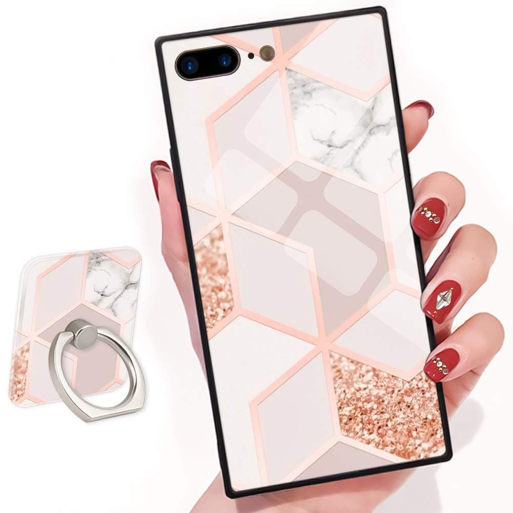 Bitobe Bling Glitter Sparkle Rose Gold Marble iPhone 7 Plus iPhone 8 Plus Square Edges Case with Phone Ring Stand Grip Holder Soft TPU Slim Square Case iPhone 7 Plus Phone Cover iPhone 8 Plus 5.5 inch