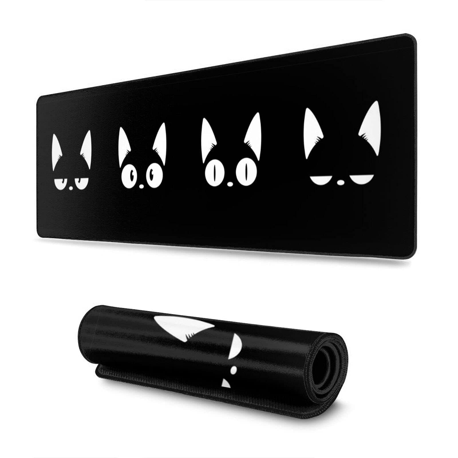 Black Gaming Mouse Pad, XL Extended Mousepad, Large Mouse Mat Desk Pad with Stitched Edge, 31.5x11.8 Inch, Cute Cat Face