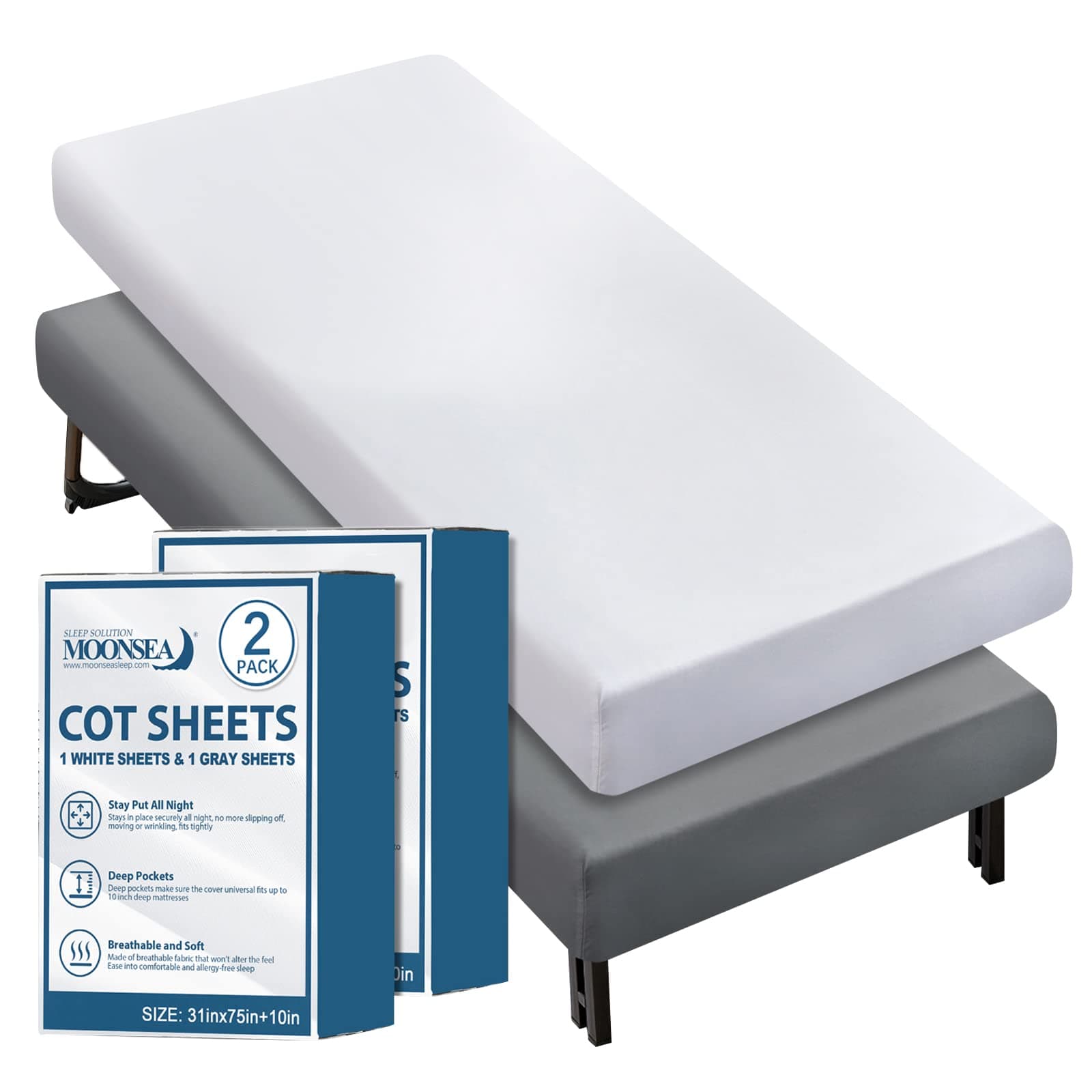 Moonsea Cot Sheet Only 31" x 75", Cot Fitted Sheet Ultra Soft and Breathable Snug Fit for Narrow Twin Mattress/ Camp Bunk Beds/ RVs Bunk/ Guest Beds/ Army Cots/ Trifold Mattress Grey and White 2 Pack