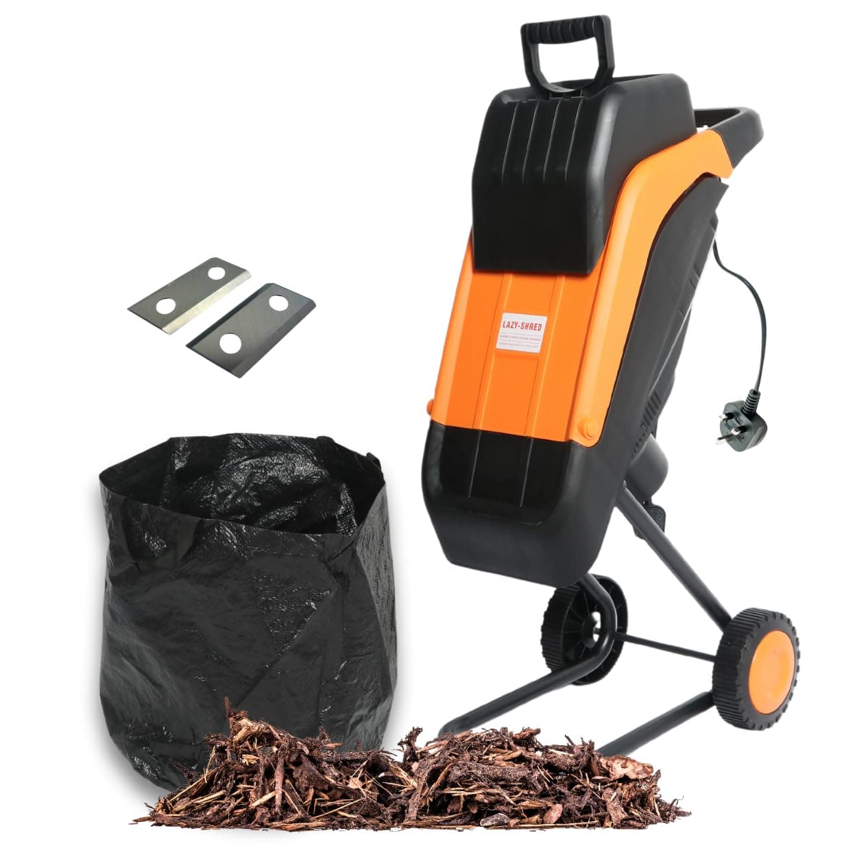 Lazy-Shred Electric Garden Chipper Shredder Mulcher - 50L Debris Bag - Adjustable 45mm Cutting Width - Steel Blades - Powerful 2500w Motor - Safety Push Stick - Tree, Branch, Leaf