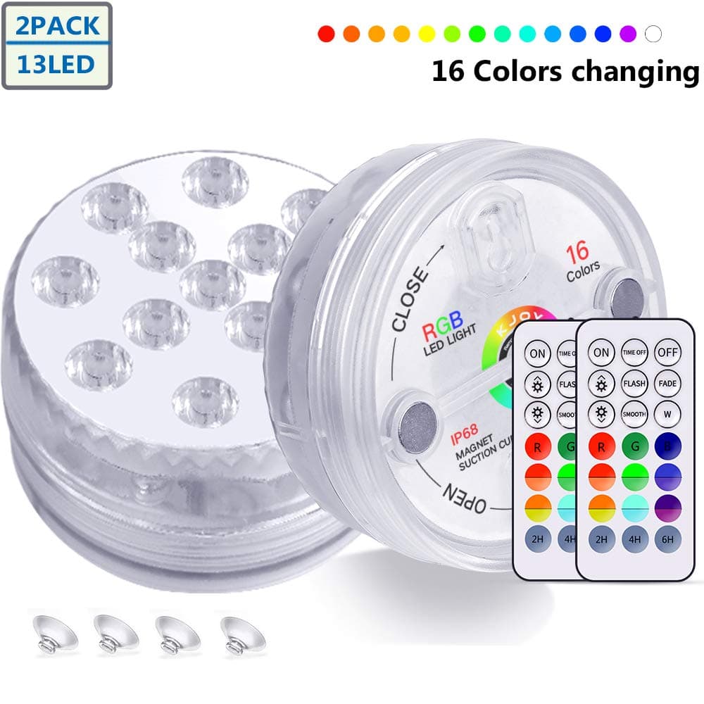KJOY 2Pcs Submersible LED Lights with RF Remote, Magnets, Suction Cups, Battery Operated IP68 Waterproof Underwater Light, 13LED 16 Color Changing Pond Lights for Inground Aquarium Fountain Vase