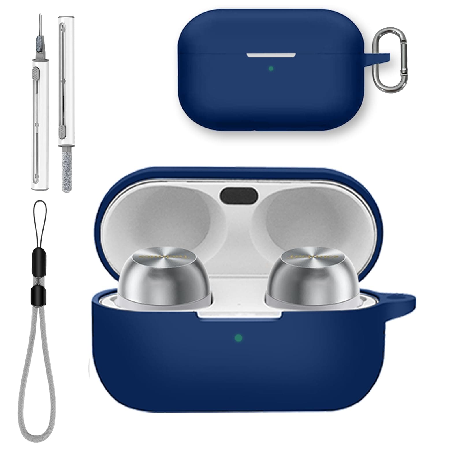 for Technics EAH-AZ100 Case Cover with Cleaner Kit, Soft Skin Silicone Case Cover with Keychain and Lanyard，Full Protective Case for Men and Women-Blue