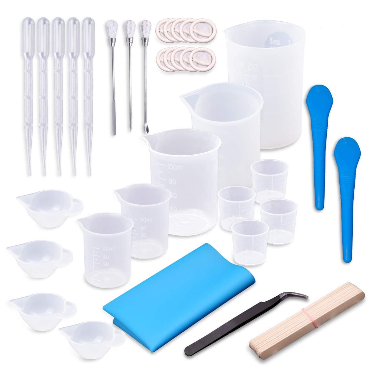 Moi Doi 45PCS Resin Mixing Cups Tools Kit, Graduated Plastic Silicone Measuring Cups, with Pipettes Mixing Stir Sticks Finger Cots Tweezer Silicone Mat for DIY Resin Casting Painting Jewelry Making