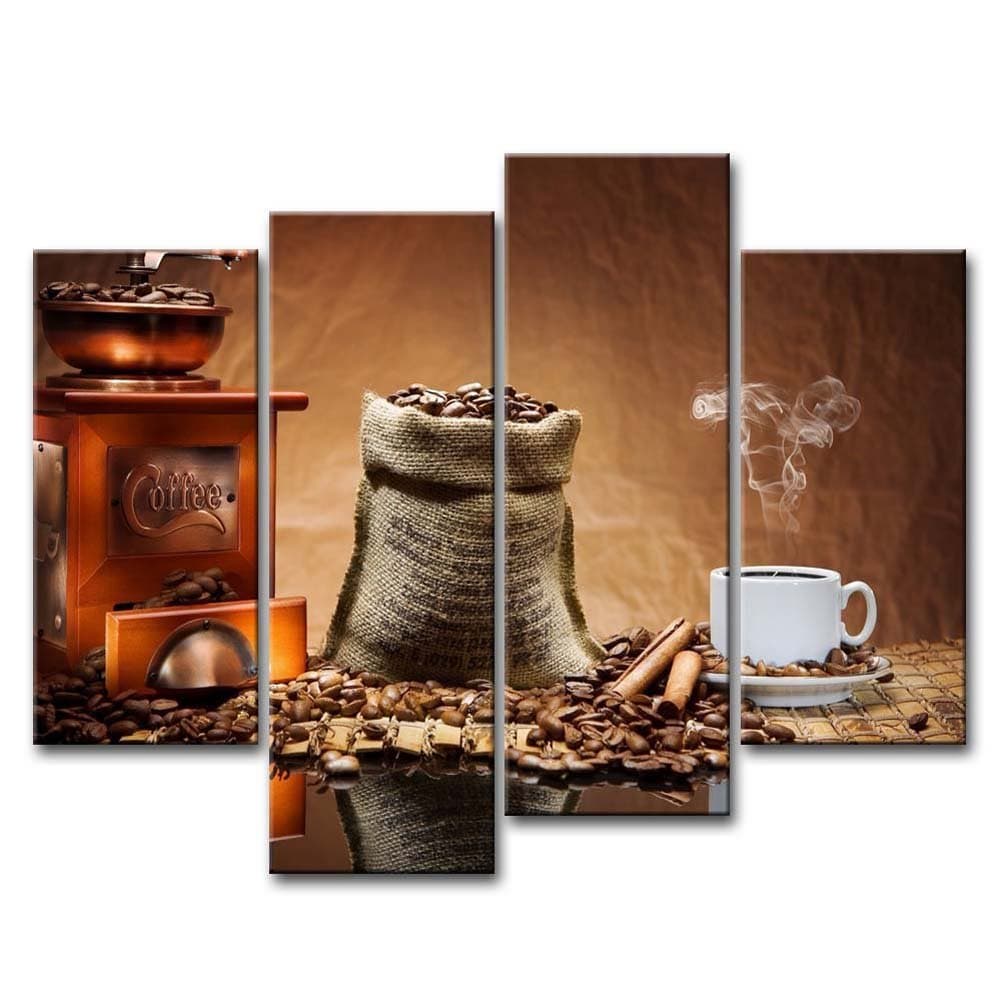 Coffee Wall Art Kitchen Decor Brown Coffee Beans and Cup Plate in the Cafe Canvas Pictures Artwork 4 Panel Food Painting Prints for Home Living Dining Room