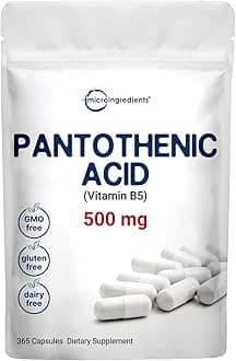 Micro Ingredients Pantothenic Acid Vitamin B5 Supplement, Vitamin B5 500mg Per Count, 365 Capsules (1 Year Supply), B-Complex Vitamin, Support Energy Production and Nervous System, Non-GMO