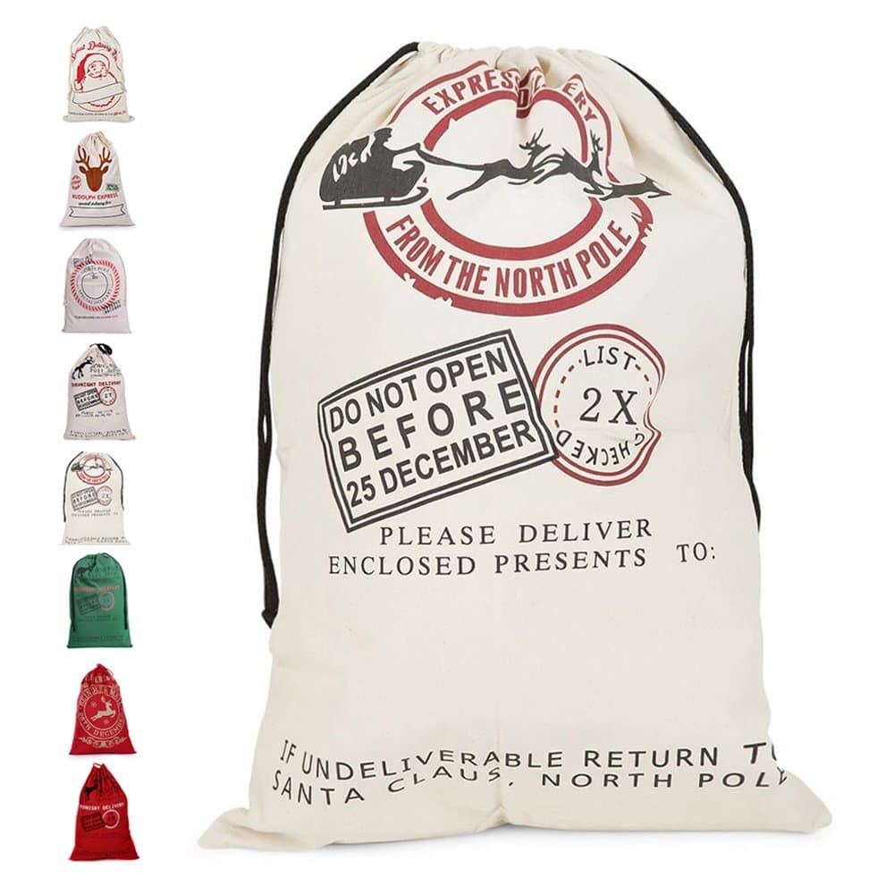 Santa Sack Personalized Xmas Gift Bags Large Drawstring Canvas Burlap Bag Drawstring Delivery Extra Large Size 27.5"x19.5" (F)