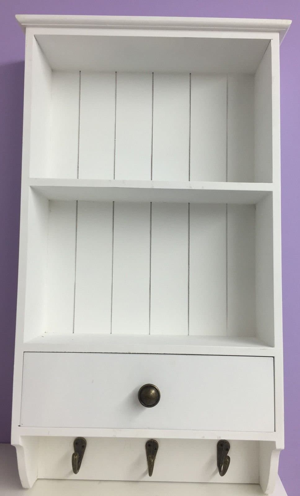 Wall Unit Cupboard Display White storage wooden Shelf With Hooks Shabby Chic