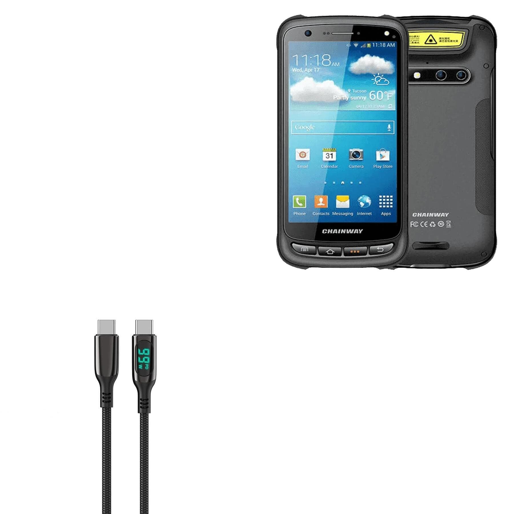 BoxWaveCORPORATION Cable Compatible with Chainway C70 - PowerDisplay PD Cable (6ft) - USB-C to USB-C (100W), LED Display 6 Foot PD Braided Nylon Cable for Chainway C70 - Jet Black