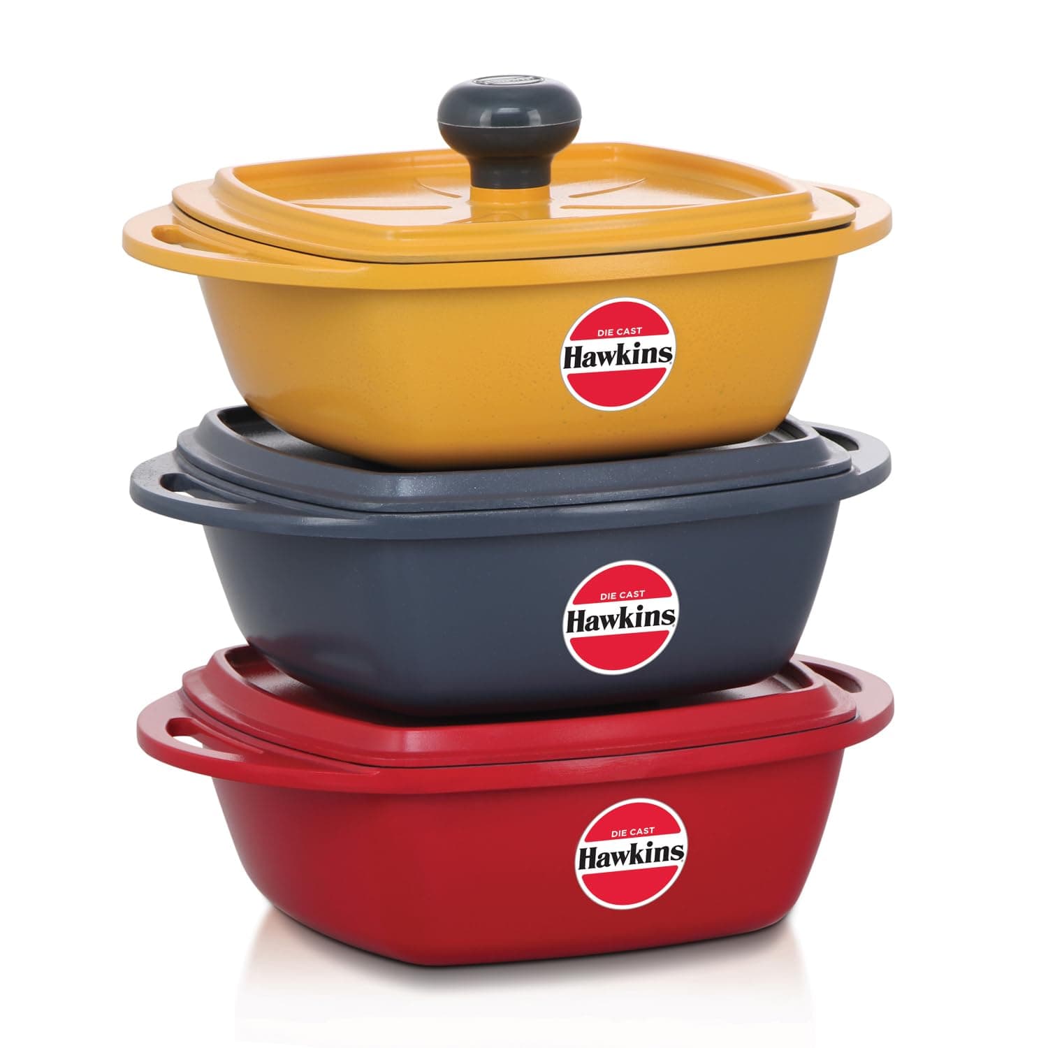 Hawkins Kitchen Gift Pack 2023 (23DGP) 3-Piece Square Cast Mini Casserole Dish Set for Cooking, Reheating, Serving and Storing, Aluminum, Red, Yellow, Grey, 2.25 Liter