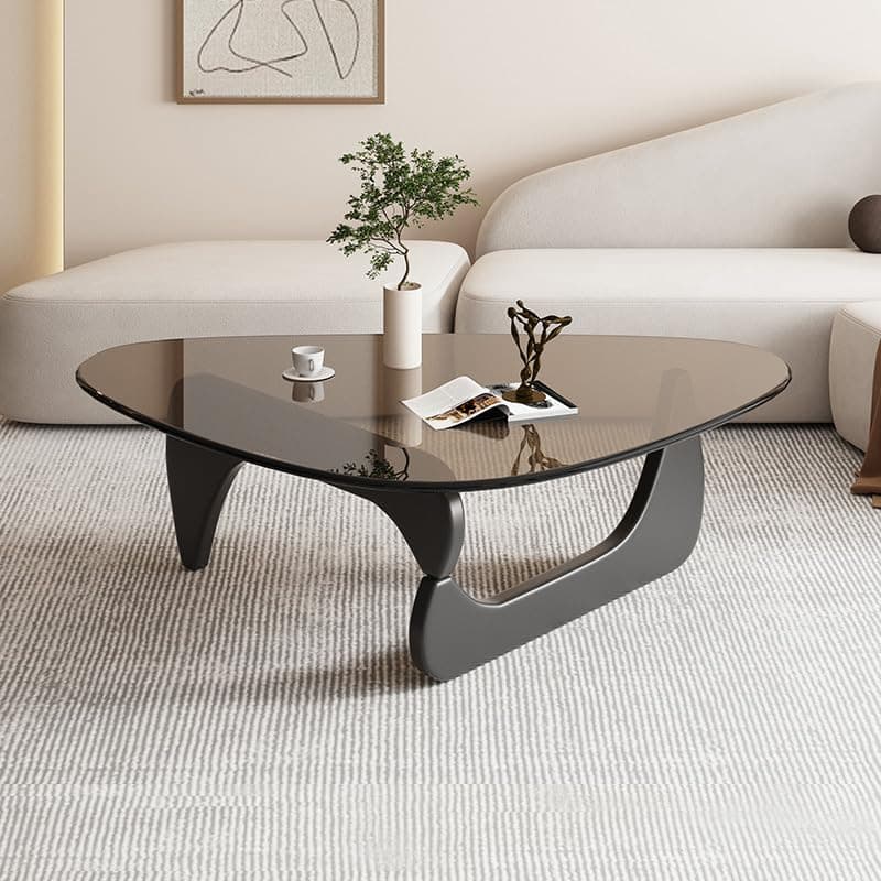 Triangle Coffee Table Modern Noguchi End Table, Solid Wood Base and 8mm Thick Tempered Glass Top Accent for Living Room Office Hotel Patio (Walnut Legs + Gray Glass, 50 * 36 * 16)