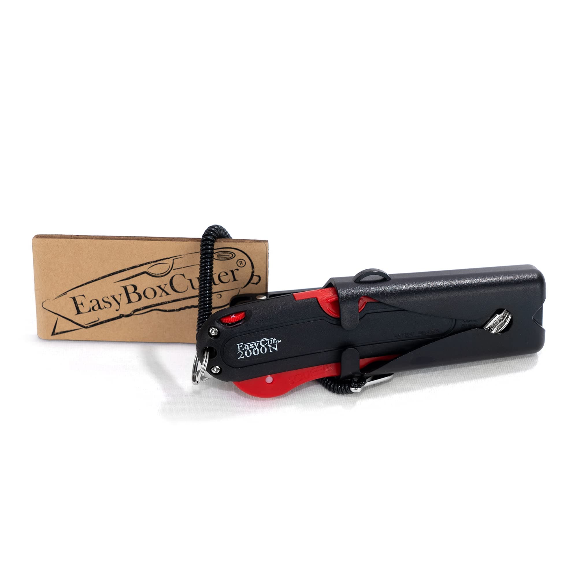 Easy Cut Modern Box Cutter, Extra Tape Cutter at Back, Dual Side Edge Guide, 3 Blade Depth Setting, 2 Blades and Holster - Red Color 2000