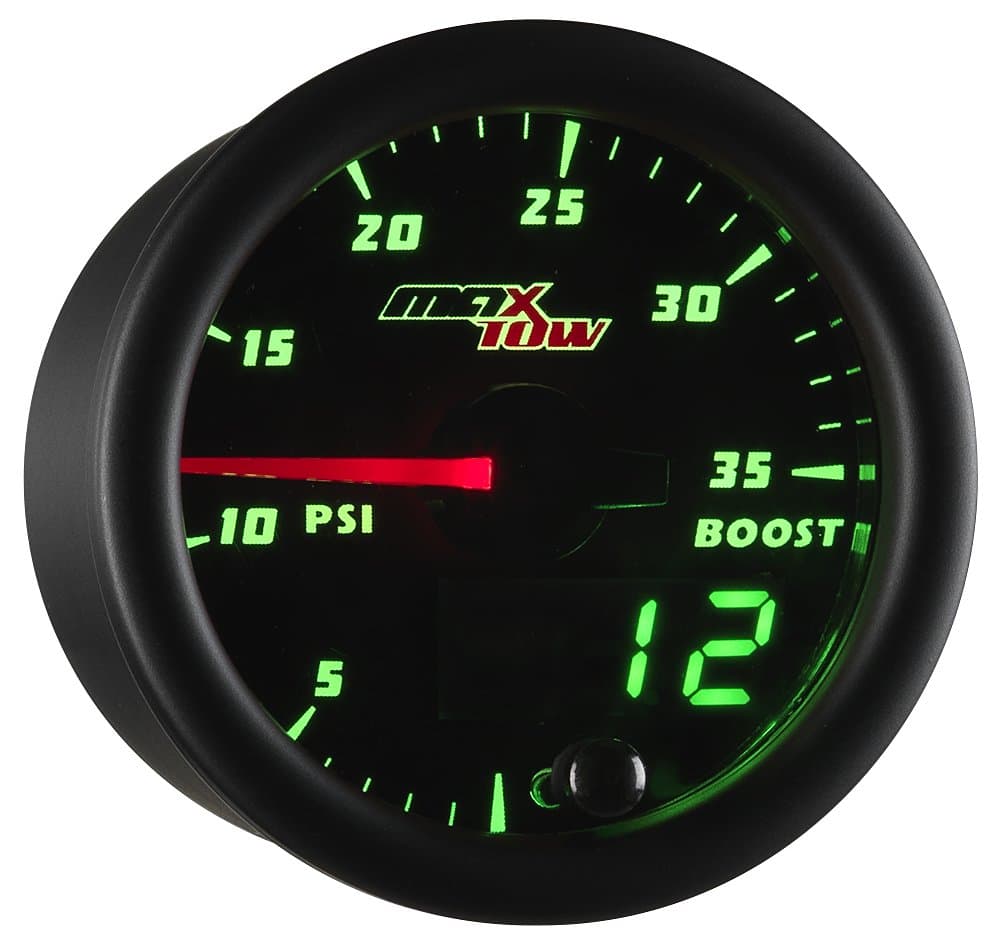 MaxTow Double Vision 35 PSI Turbo Boost Gauge Kit - Includes Electronic Pressure Sensor - Black Gauge Face - Green LED Illuminated Dial - Analog & Digital Readouts - for Trucks - 2-1/16" 52mm
