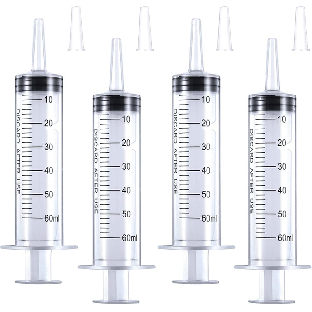 4 Pack 60mL Large Syringe for Liquid with Tip Cap, Individually Sterile Sealed Plastic Liquid Syringes with Measurement for Scientific Labs, Measuring Liquids, Feed Pets, Medical Student, Oil or Glue Applicator