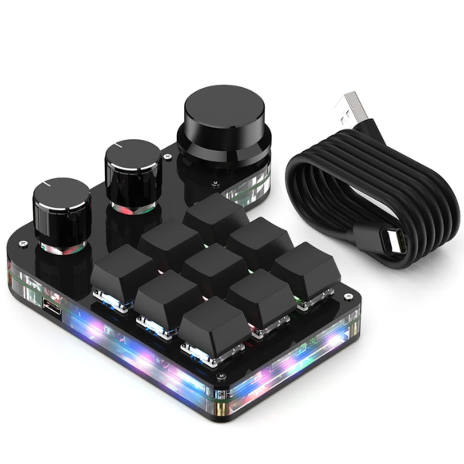 TERRIFI 9-Keys USB Mini Macro Mechanical Gaming Keyboard, 3 Knobs One Handed USB PC Keypad, Full-RGB, Wired Mode Programmable Keys Support NKRO, Hotkeys, One-Click Start (Black-Wired -2nd Gen.)