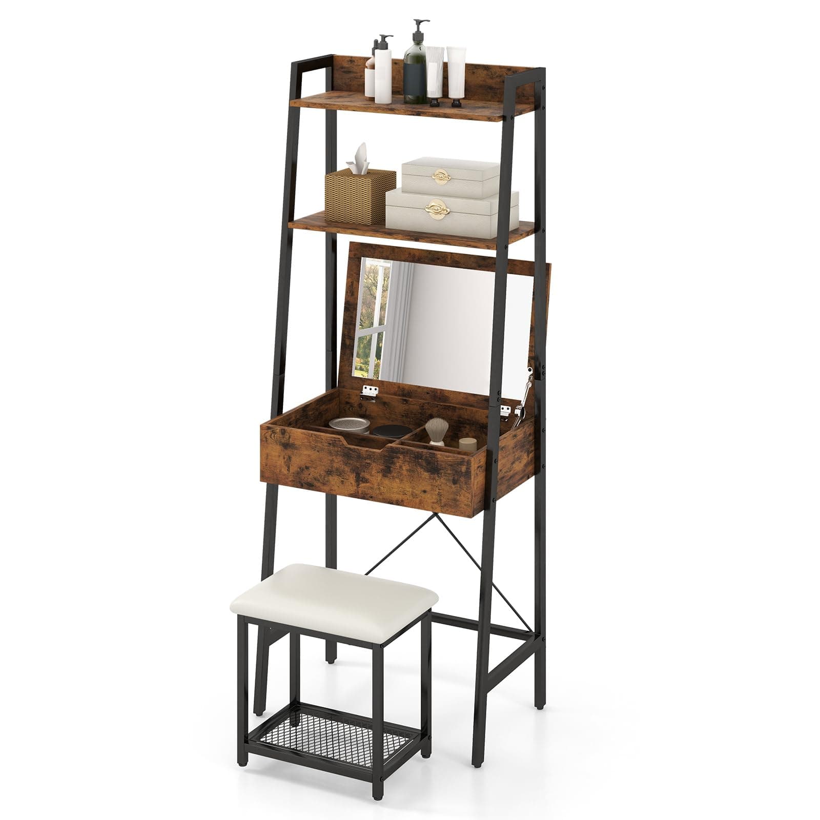Dressing Table and Stool Set, Ladder Vanity Desk with Flip Top Mirror, 2 Ladder Shelves and 4 Hidden Storage Compartments, Makeup Desk Cosmetics Dresser (Rustic Brown+Black)