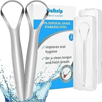 Cafhelp 2-Pack Tongue Scraper, 100% 304 Surgical Stainless Steel Tongue Cleaner for Both Adults and Kids, Professional Reduce Bad Breath Metal Tongue Scrapers, Help Your Oral Hygiene (with 2 cases)