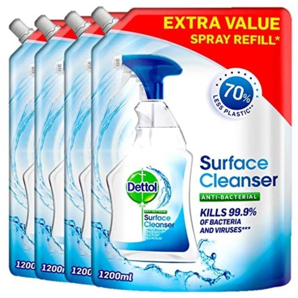 Dettol Antibacterial Surface Cleaner Refill, 4-Pack (1.2L Each), Total 4.8L, Disinfectant Spray & Floor Solution, Household Multipurpose Cleaning, Germ Protection, Eco-Friendly Pouch