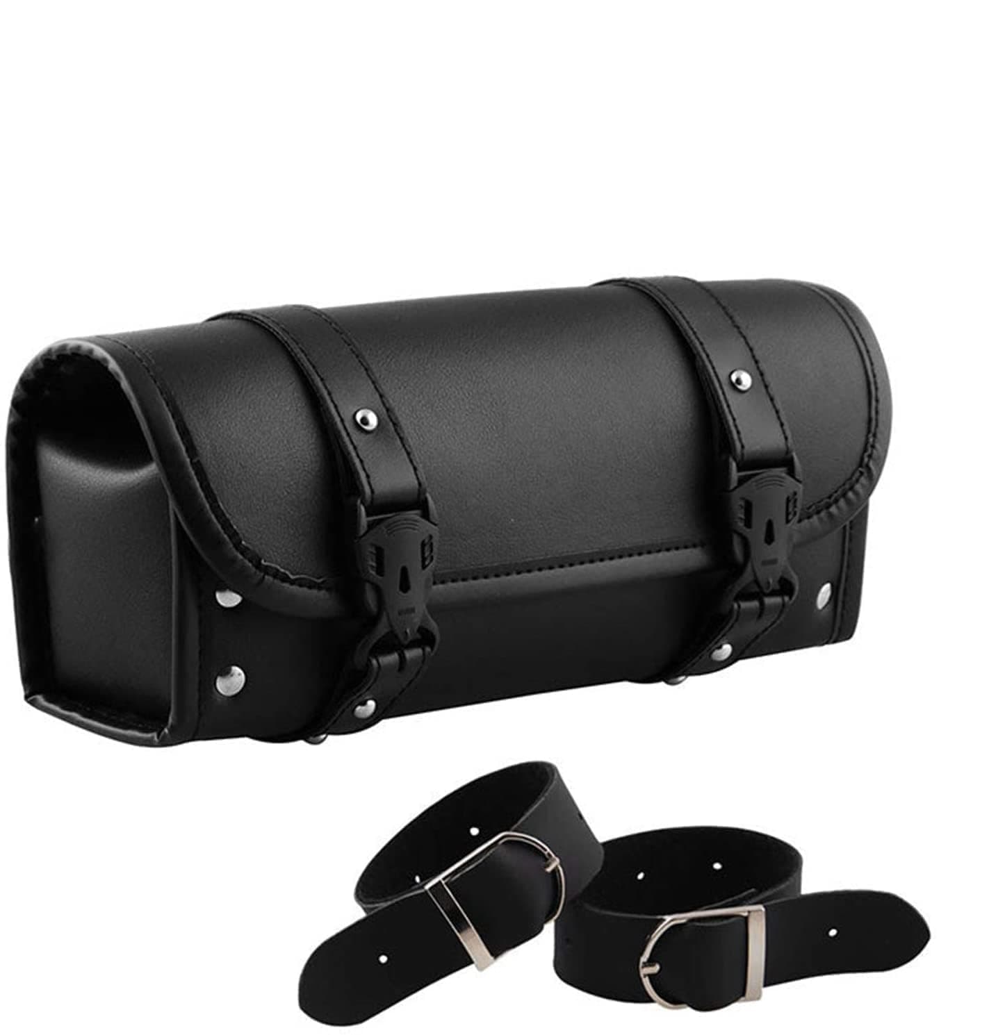 MAKINGTEC Universal Motorcycle Tool Bag, Side Fork Handlebar Bag, Suitable for Harley Suzuki Kawasaki, PU Leather Black