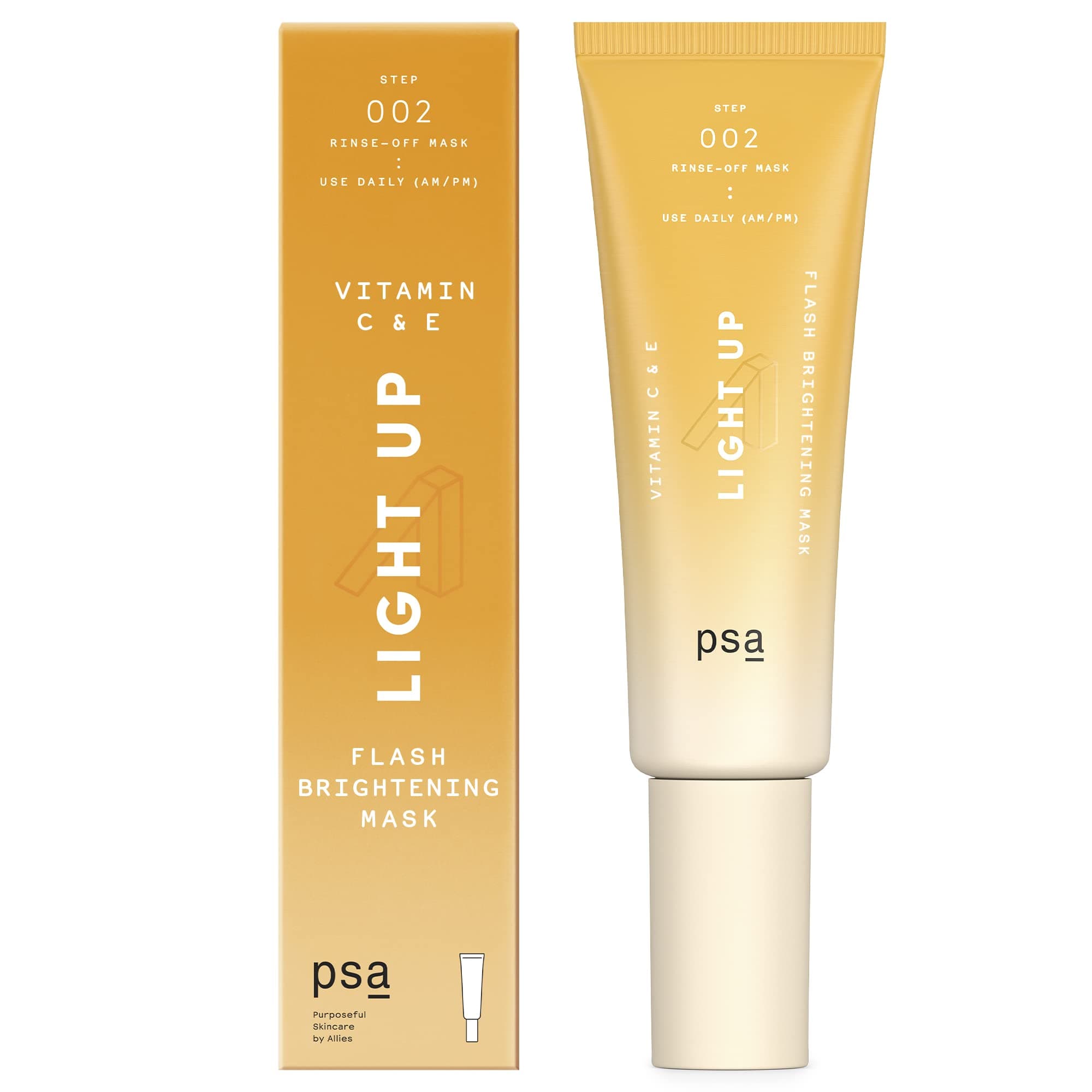 PURPOSEFUL SKINCARE PSA LIGHT UP Vitamin C & E Flash Brightening Mask: Radiance-Enhancing Rinse-Off 5-Minute Mask with 11% L-Ascorbic Acid, 2% Vitamin E, Grapeseed Oil. 50 ml/ 1.7oz