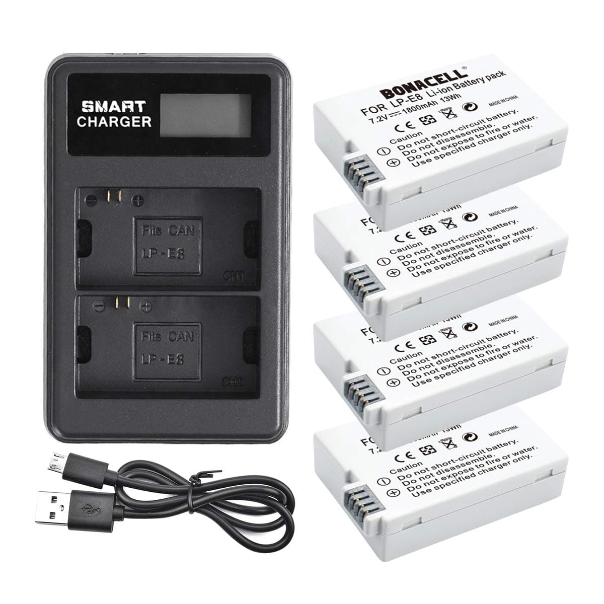 Bonacell LP-E8 Replacement Battery(4 Pack) and LCD Dual Charger Compatible with Canon EOS Rebel T5i, T4i, T3i, T2i, EOS 550D, 600D, 650D, 700D, Kiss X5, X4, X6i, X7i Digital Cameras