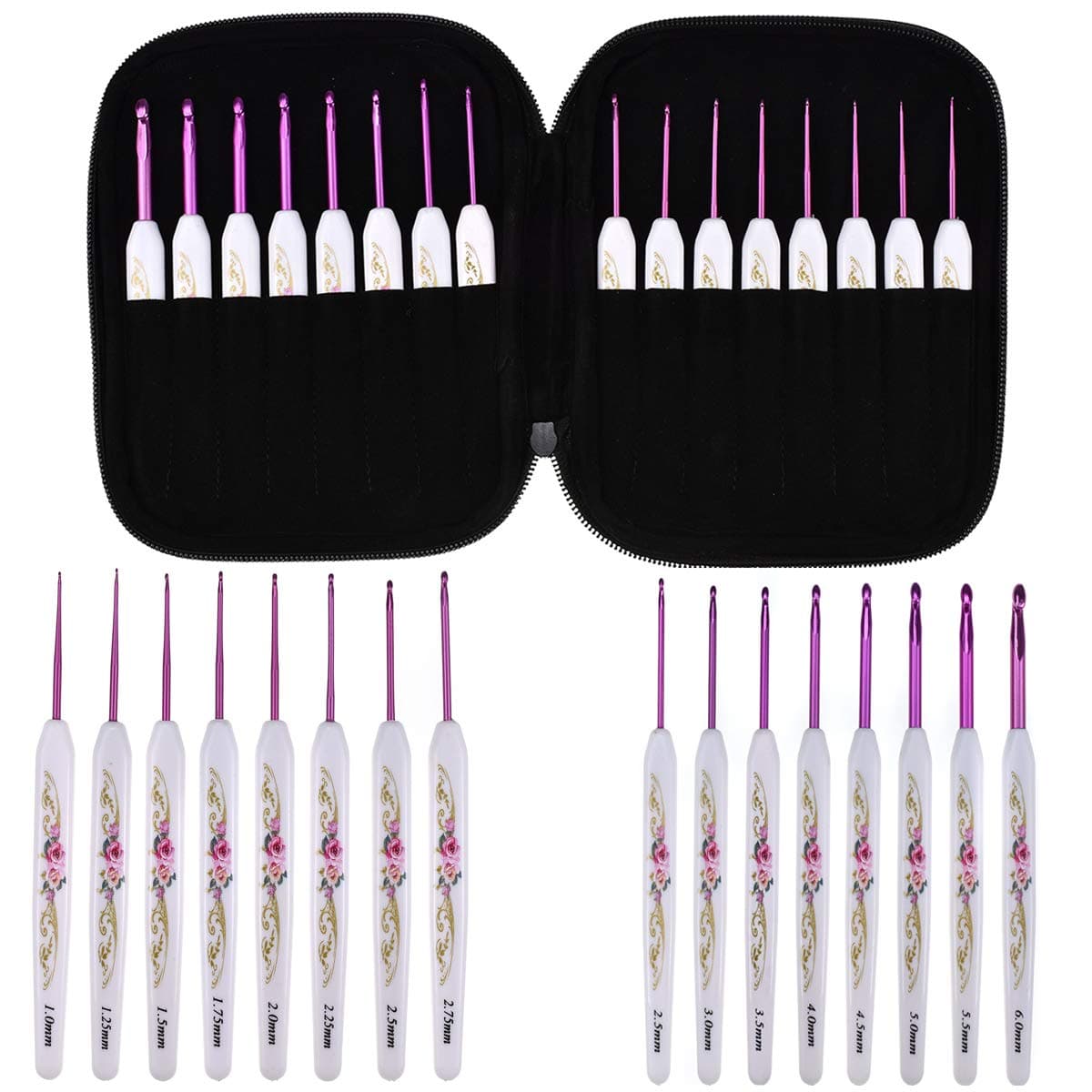 KOKNIT Ergonomic Crochet Hooks Set 16pcs Plastic Handle with Aluminum Knitting Needles,1MM-6MM(Pink&White)